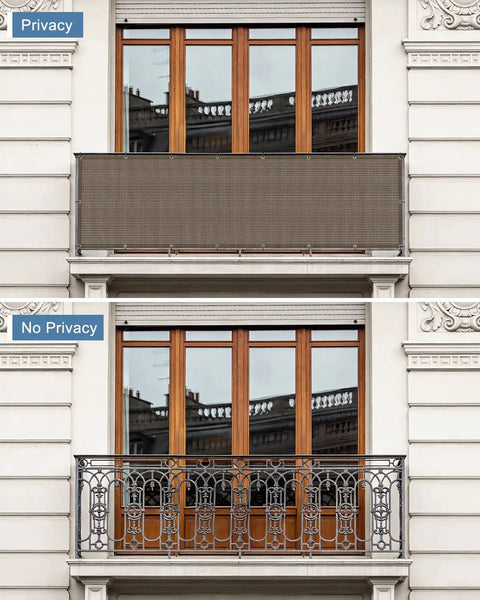 Brown Balcony Privacy Screen Fence Cover 3x10 Ft HDPE Mesh installed on apartment railing for privacy and wind protection