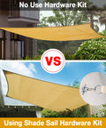 Comparison of sun shade sail installation with and without the Sun Shade Sail Hardware Kit For Rectangle And Triangle Sails Easy Install Canopy Setup 304 Stainless Steel Outdoor Garden Patio Accessories Set Includes 6 Inch M6 Turnbuckles And 4 6 Inch Cables