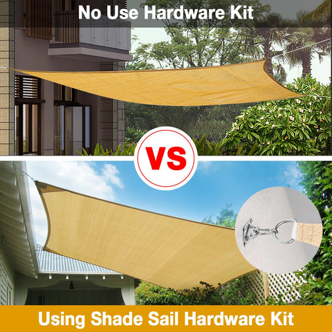 Comparison of sun shade sail installation with and without the Sun Shade Sail Hardware Kit For Rectangle And Triangle Sails Easy Install Canopy Setup 304 Stainless Steel Outdoor Garden Patio Accessories Set Includes 6 Inch M6 Turnbuckles And 4 6 Inch Cables
