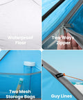 Beach Tent Sun Shelter For Three With Two Ventilated Doors UPF50+ features waterproof floor and mesh storage bags