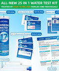 Hella Reliable Heavy Duty Home Drinking Water Test Kit 25 In 1 With 165 Quick Strips, user guide and test strips display.