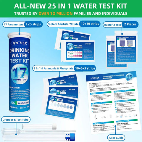 Hella Reliable Heavy Duty Home Drinking Water Test Kit 25 In 1 With 165 Quick Strips, user guide and test strips display.