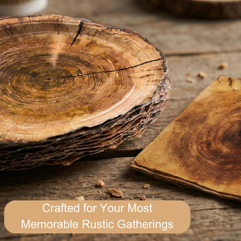 144 Pcs Disposable Rustic Wood Grain Slice Tableware Set for 24 Guests with heavy duty plates on wooden surface