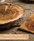 Stack of plates from 100 Piece Disposable Rustic Wood Grain Slice Tableware Set For 25 Guests With 9 Inch Dinner Plates And 7 Inch Dessert Plates
