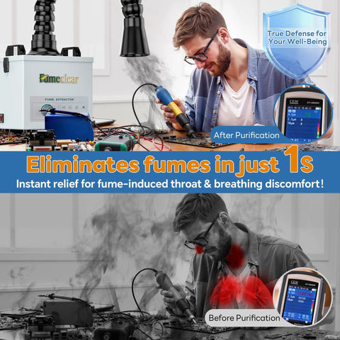 Quiet Solder Fume Extractor For Small Benchtops With 3 Stage Filtration And 99.97 Percent Purification in use, before and after.
