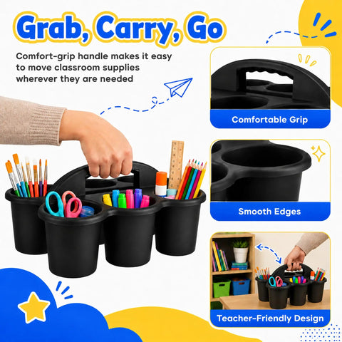 Person holding Six Pack Black Classroom Caddies With Handles For Desk Organization, 6 Compartment Supply Organizer