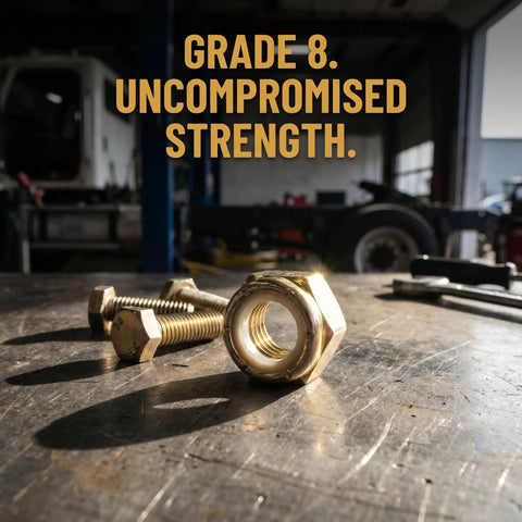 Grab A Pack of Dope 10 Yellies Grade 8 Coarse Nylon Insert Lock Nuts Zinc Plated on a workshop table for heavy-duty use.