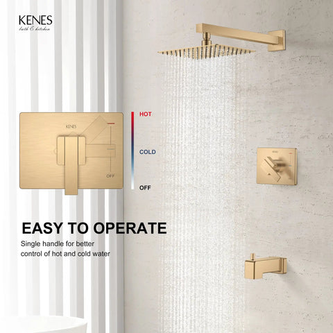 KENES Champagne Bronze Shower Set with Tub Faucet, Square Tub Shower Trim with easy-to-operate single handle control.