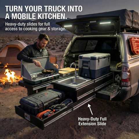 Beefy 76mm Heavy Duty Drawer Slides With 500lb Capacity in truck mobile kitchen setup outdoors