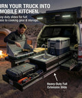 Mobile kitchen setup in truck with heavy-duty beefed up 76mm drawer slides, 34 inch full extension, 500 lb capacity, and storage for gear.