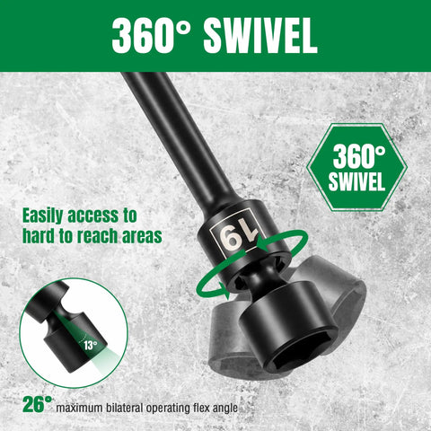 Three Eighths Inch Drive Pinless Universal Impact Extension Socket Set Built From Cr-Mo Steel For Maximum Torque And Flexible Reach In Tight Engine Bays, 360 Degree Rotation, 26 Degree Tilt, Durable Alloy Construction, 360° swivel joint close-up