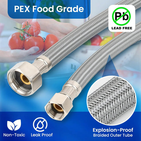 Frutlait 304 stainless steel sensor valve kit with 2 braided 12-inch hoses and bypass valve, front view