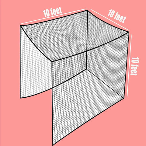 10x10x10 Ft Golf Batting Cage Netting For Indoor Outdoor Backyard Practice, Durable Knotless Polyester Net, 3mm Mesh With 6mm Border, Easy Setup And Removal, Frame Not Included, measured dimensions, red background