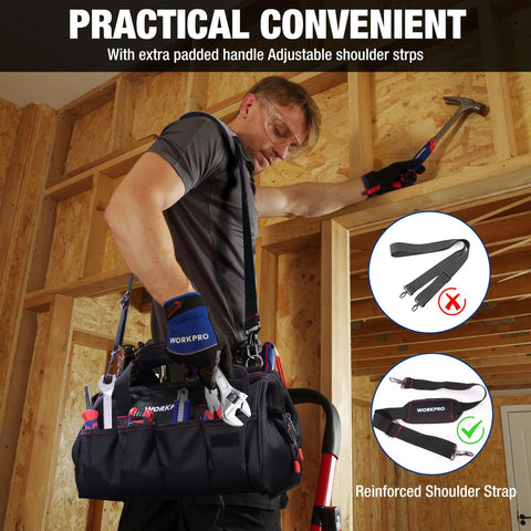Man using 14 Inch Tool Bag With Adjustable Shoulder Strap Multi Pocket Tool Organizer In Pro Grade Durable Black Polyester on work site.