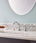 Linden Widespread Chrome Bathroom Faucet with Diamond Seal Technology installed on marble sink with mirror and decor.