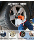 Knuckle Saving Half Inch Air Impact Wrench Generating 880 Ft Lbs Of Raw Torque At 7500 Rpm On An Ultra Light Aluminum Frame used for tire changing.