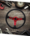 Dope 14 Inch PU Drifting Steering Wheel With Horn Button Universal Fit For Car Golf Cart And Racing Simulators on wooden surface