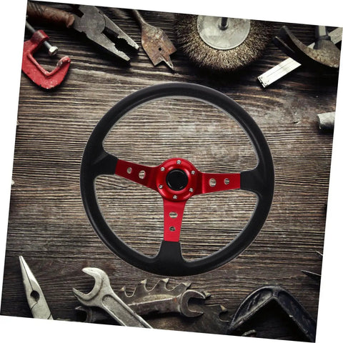 Dope 14 Inch PU Drifting Steering Wheel With Horn Button Universal Fit For Car Golf Cart And Racing Simulators on wooden surface