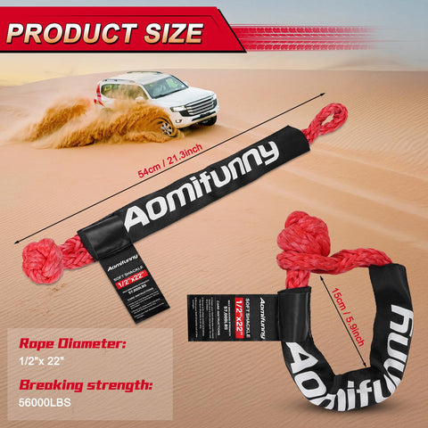 Two Pack One Half Inch By Twenty Two Inch Synthetic Soft Shackle Rope With Winch Ring For Road Recovery 56000 Lb Breaking Strength UHMWPE Rope in sand with SUV