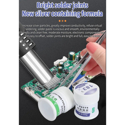 Applying Electronic Chip Solder Paste Fifty Gram Non Erosive Smooth Multifunctional Soldering Flux on PCB with tool