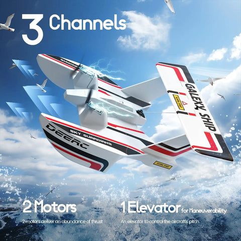 Amphibious RC Plane For Water Land And Air, 3 Channel Remote Control Glider with dual motors flying above water, showing design features