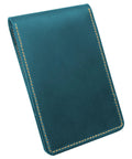 Personalized Leather Golf Yardage Book Holder and Scorecard Cover for Golfers in teal full-grain leather with hand-stitched seams.