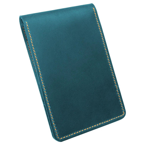 Personalized Leather Golf Yardage Book Holder and Scorecard Cover for Golfers in teal full-grain leather with hand-stitched seams.