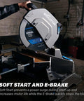 Pro Grade 14 Inch Cold Cut Miter Chop Saw with E-Brake cutting through metal, showcasing construction details and sharp cermet disc.