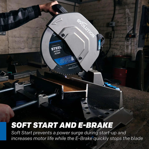 Pro Grade 14 Inch Cold Cut Miter Chop Saw with E-Brake cutting through metal, showcasing construction details and sharp cermet disc.