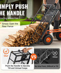Heavy Duty Steel Garden Dump Cart That Hauls Big Loads With Eight Hundred Eighty Pound Capacity shown unloading firewood