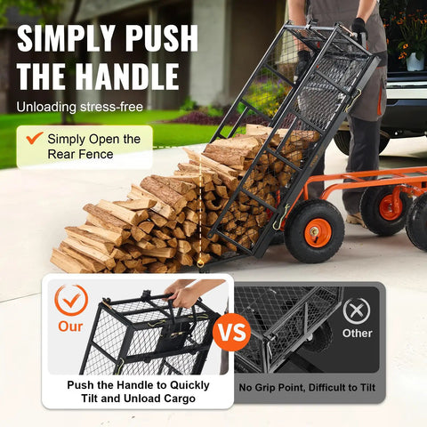 Heavy Duty Steel Garden Dump Cart That Hauls Big Loads With Eight Hundred Eighty Pound Capacity shown unloading firewood