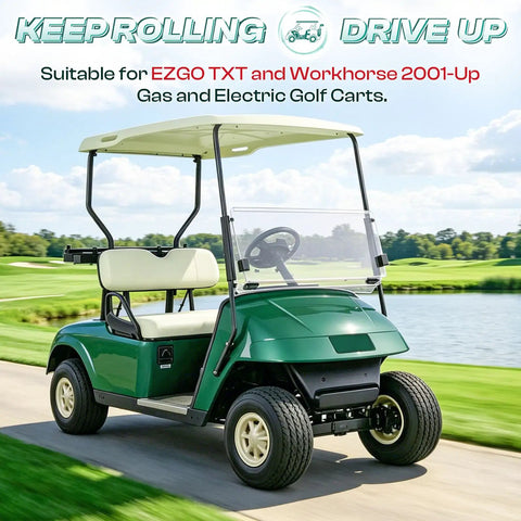 Green EZGO TXT golf cart by lake for TXT Steering Rack And Box Assembly For TXT Golf Carts 2001 Up Gas And Electric Replaces OEM 70964G01 70964G02 70602G01 Durable Steel Construction Easy Install And Long Lasting Performance.