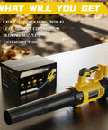Cordless Leaf Blower For DeWalt 20V Max Batteries With 650 CFM Brushless Motor displayed with packaging box.