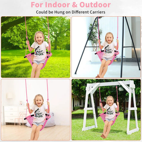Kid Friendly Rope Swing Seat For Indoor Outdoor Playset, Adjustable Toddler Swing With Snap Hooks And Straps, 440 Lb Capacity, Doorway Porch Swing Accessory, Pink shown with a child using it in various settings, including a backyard, porch, and indoors.