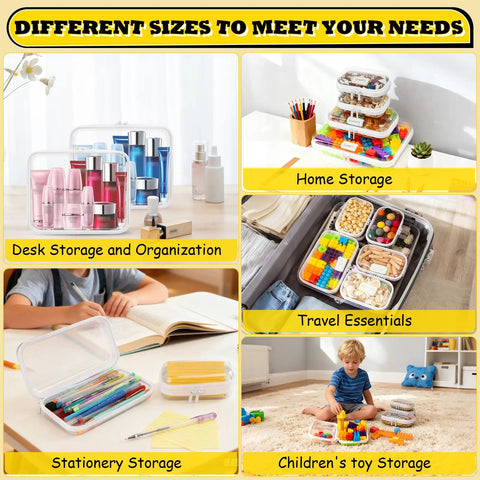 Collage of 10 Pack Clear Hard Shell Zipper Cases for Organization and Storage in various uses: desk, home, travel, toys, and stationery.
