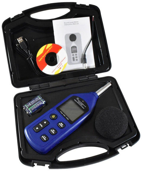 Pro Grade Decibel Meter With 30 To 130 dBA Sound Level Range, SPL Reader, Data Logger, case, batteries, CD, and manual