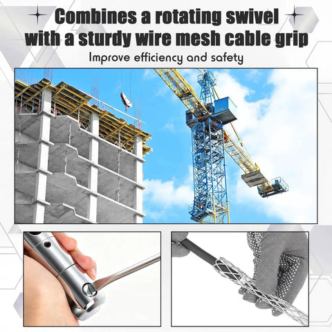 Heavy Duty 1 Ton Cable Puller Swivel Tool With 3 Mesh Grip Socks For Wire Tugging Up To 12 Mm in use with construction crane.