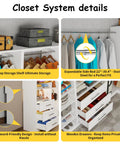 Heavy-Duty Modular Closet System With Nine Drawers And Nine Hanging Rods For Walk-In Spaces White L-Shape Corner Organizer Kit detail view showcasing storage features.