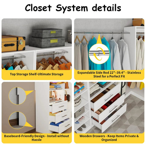 Heavy-Duty Modular Closet System With Nine Drawers And Nine Hanging Rods For Walk-In Spaces White L-Shape Corner Organizer Kit detail view showcasing storage features.