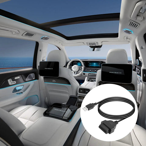 Interior of a luxury car with OBDII Female To USB A Male Power Cable 3.3ft OBD2 To USB Power Connector shown in overlay.