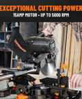 Slick 10 Inch Dual Bevel Sliding Compound Miter Saw With A Hella Beefy 15 Amp Motor And Smooth Gliding Rail System used for precise wood cutting.