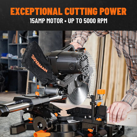 Slick 10 Inch Dual Bevel Sliding Compound Miter Saw With A Hella Beefy 15 Amp Motor And Smooth Gliding Rail System used for precise wood cutting.