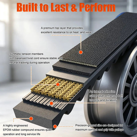Premium Serpentine Drive Belt Replacement Fits 4.8L 5.3L And 6.0L V8 Engines, showing detailed layers and strong EPDM rubber material.