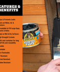 Waterproof Patch And Seal Rubberized Sealant Paste Black 1Lb Can Heavy Duty Instantly Seals Water Air And Moisture, applied on wood.