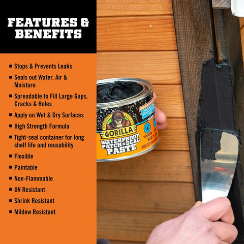 Waterproof Patch And Seal Rubberized Sealant Paste Black 1Lb Can Heavy Duty Instantly Seals Water Air And Moisture, applied on wood.