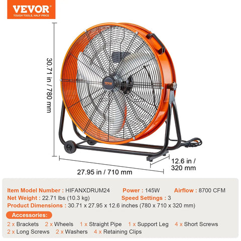Drum Fan 24 Inch High Velocity Floor Fan 8700 CFM Heavy Duty Industrial Ventilation With 3 Speed Settings 360 Degree Tilting