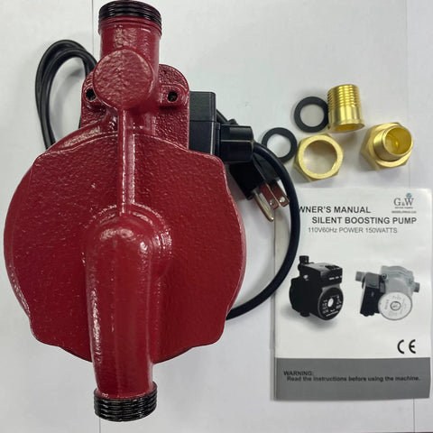 Red Recirculating Hot Water Booster Pump 150W 110V Cast Iron Workhorse With Three Quarter Inch To One Half Inch Adapters
