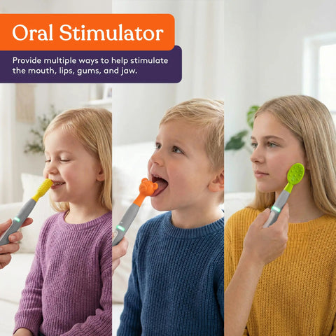 Three children using Calming Oral Motor Stimulation Kit With Six Soft Textured Heads, showing different tool attachments in use.