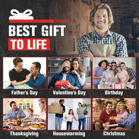 Collage of people celebrating Father's Day, Valentine's Day, Birthday, Thanksgiving, Housewarming, and Christmas with gifts and smiles.