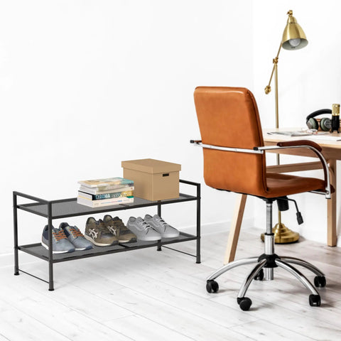 Two Tier Stackable Metal Wire Shoe Rack In Black Stores Six Pairs Of Kicks With Room For Loose Slippers Tough Heavy Gauge Steel Quick One Person Build Out For Closets Or Mudrooms